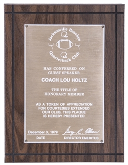 1979 Coach Lou Holtz Honorary Member Plaque Presented By The Jacksonville Beaches Quarterback Club (Holtz LOA)